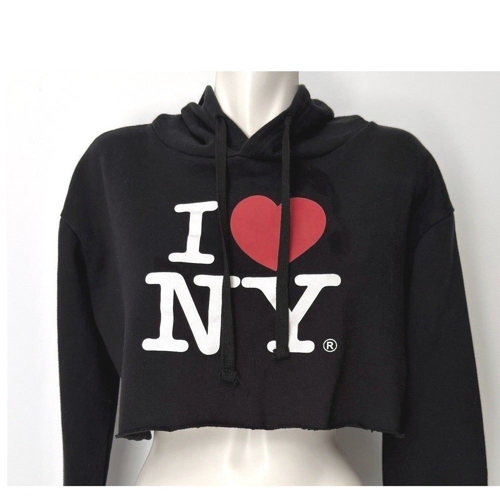 I Love NY Womens Black Cropped Hoodie Sweatshirt Graphic Long Sleeve L